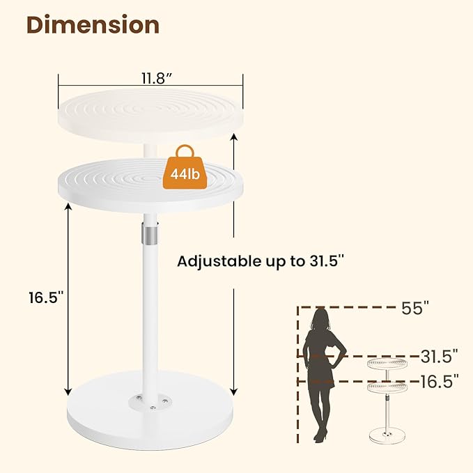 Round Side Table, Small Drink Table for Small Spaces, Adjustable-Height Pedestal Martini Table, Weighted Base Cocktail Stand for Living Room, Bedroom, Bathroom, Nursery, Office, White