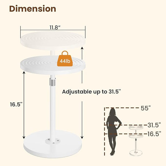 Round Side Table, Small Drink Table for Small Spaces, Adjustable-Height Pedestal Martini Table, Weighted Base Cocktail Stand for Living Room, Bedroom, Bathroom, Nursery, Office, White