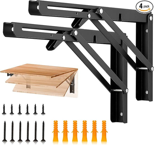 JOY DECOR 12 Inch Heavy Duty Folding Shelf Brackets, 4 Pack (2 Pairs) Collapsible Wall Mounted Brackets for Fold Down Table, Stainless Steel Folding Table Hinge, Matte Black