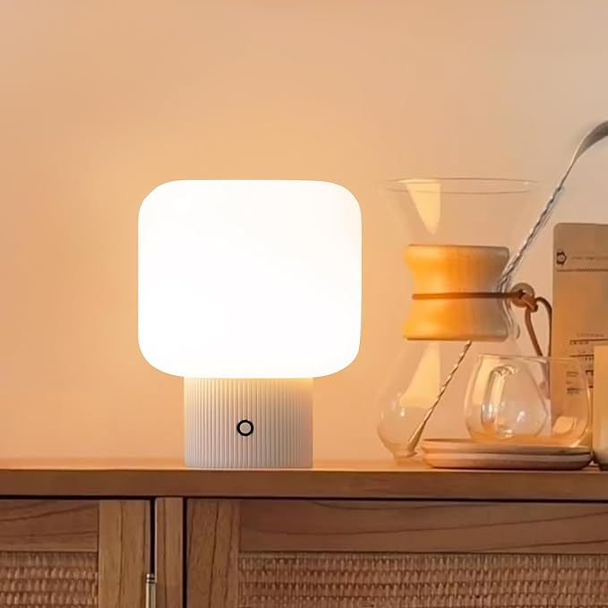 Halo Mushroom Lamp, 5W Cute Cordless Rechargeable Table Lamp with Glass Shade, 3 Color Temps LED Dimmable Ambient Lighting, Small Retro Touch Bedside Light for Bedroom Decor, White