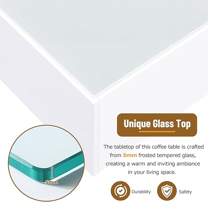 Modern White LED Coffee Table with 5mm Frosted Tempered Glass Top, High Gloss Finish, 16-Color App-Controlled Lights, Sturdy MDF Base, Easy Assembly, 27.56"x27.56"x13.78"