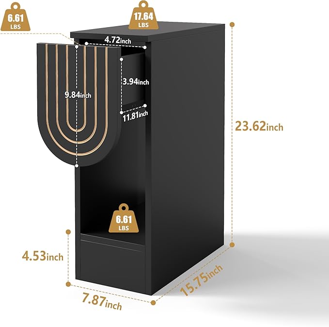 Narrow Nightstands Set of 2, Black Bedside Table with Carved Drawer and Storage Shelf, Mid-Century Modern Slim Side End Table for Bedroom Compact Space, Wooden Small Night Stand (2, Black)