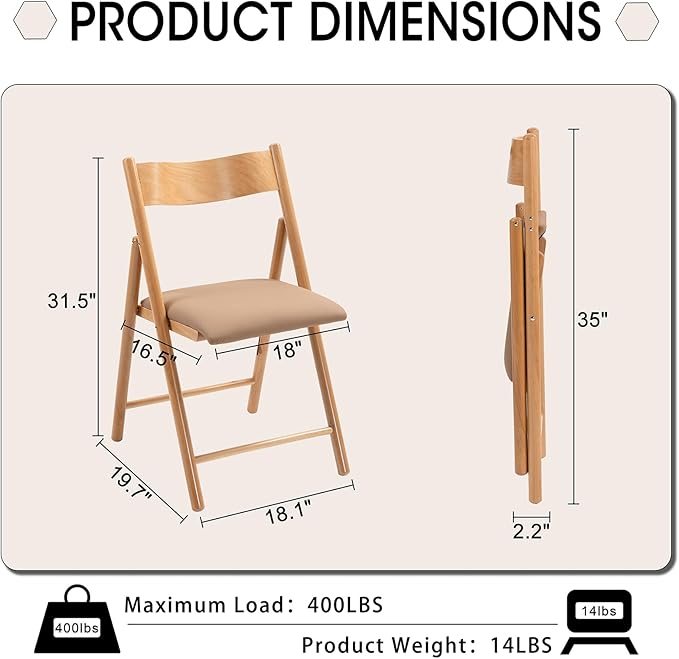 Folding Chairs Set of 2, Wooden Foldable Dining Chairs with Faux Leather Cushion 2-Pack Portable and Stackable Chairs for Dining Kitchen Office Wedding Picnic(Khaki,2Pack)