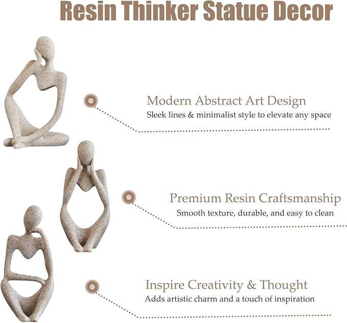 Mingzhang 3pcs Thinker Statue Abstract Art Thinker Figurines Beige Home Decor for Living Room, Office, Coffee Table, Bookshelf Decoration, Housewarming Gifts