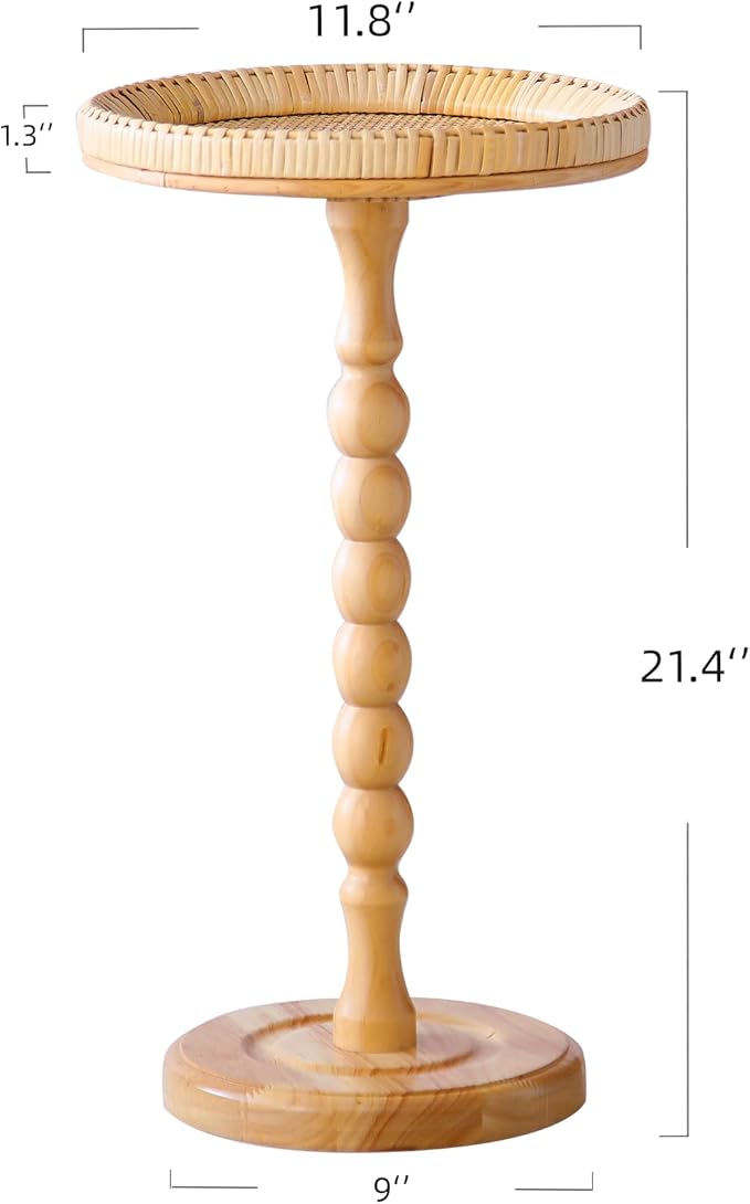 Drink Table，Rattan Round Small Side Table for Small Spaces, Boho Circle End Table Coffee Table with Solid Wood Leg for Living Room, Pedestal Table for Bedroom, Corners