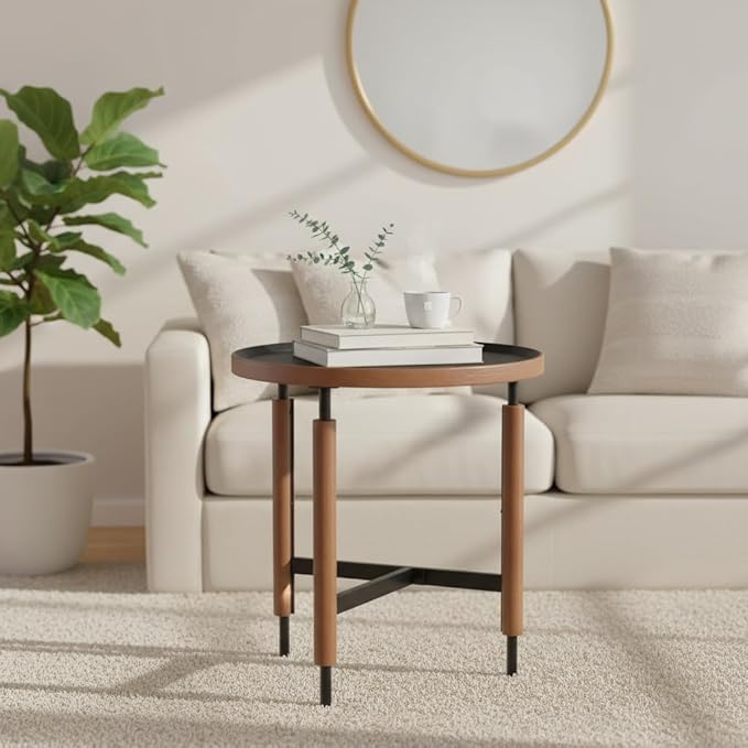 LukeAlon Modern Round Side Table for Living Room - Circle Wooden Table Top with Black Cross Legs Base, Rustic, Vintage, Easy Assembly, Black (19" D x 19" W x 21.5" H)