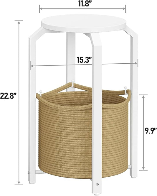 TUTOTAK Small Side Table, Round End Table, Night Stand, Bedside Table, Sofa Table with Storage Basket, Living Room, Bed Room, White and Beige TB01BWN092