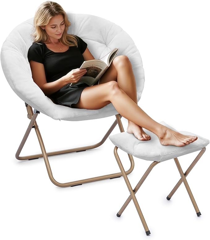 Athena Collection Modern White Faux Fur Saucer Chair with Ottoman, Foldable, Comfy Accent Chair for Bedroom, Living Room, Outdoor, 300lbs Weight Capacity