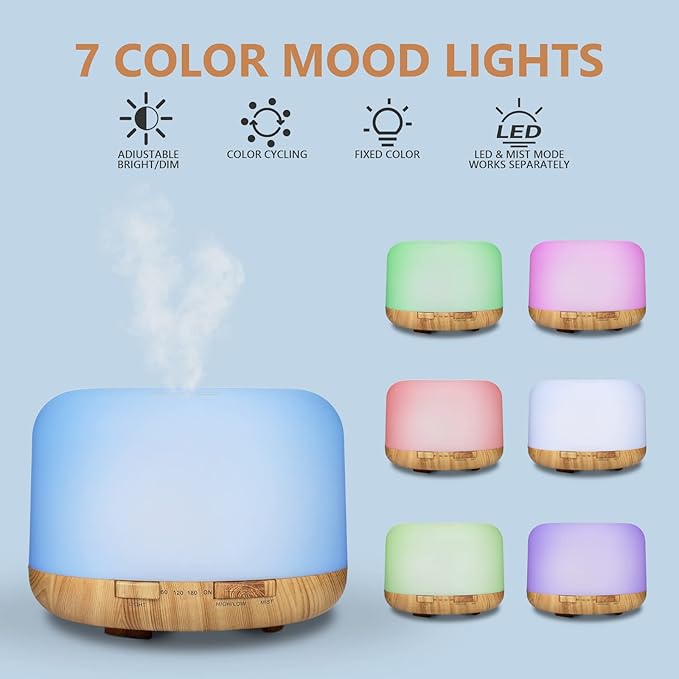 SACATR 500ml Essential Oil Diffuser with 15 Essential Oils, Ultrasonic Cool Mist Humidifier, Remote Control, 4 Timers, 15 Color Lights, Auto Shut-Off