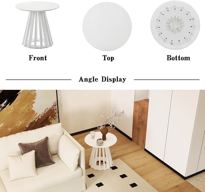 DUOMAY Modern Solid Round Side Table with Geometric Base, Natural Wood Accent End Table Center Table for Living Room, Bedroom, Lounge, Office, White Color