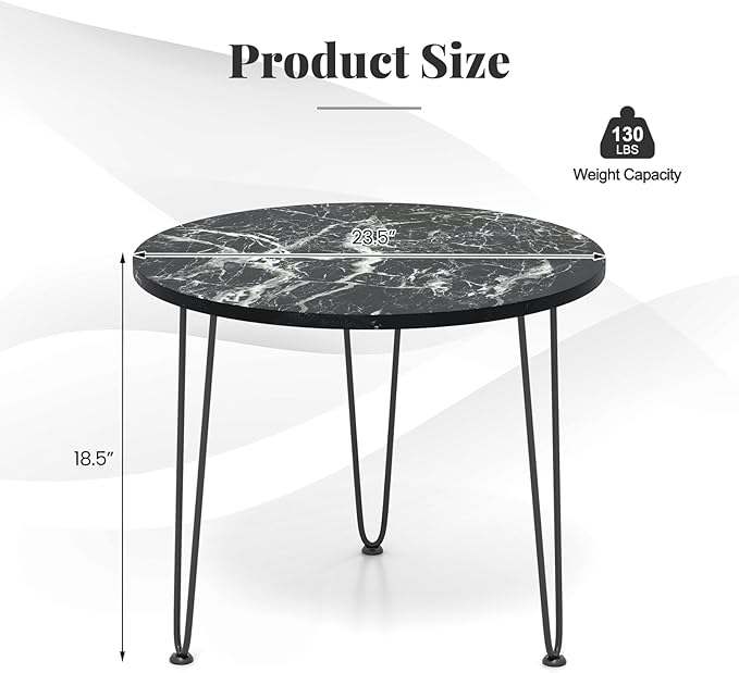 Giantex Round Coffee Table, Faux Marble Center Table with Metal Legs, Sofa Accent Side Table, Modren Coffee Tables for Living Room, Bedroom, Balcony, Small Space (Black)