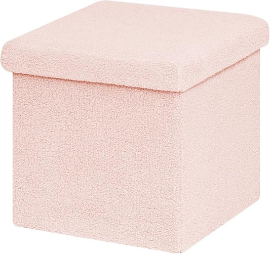 B FSOBEIIALEO Small Storage Ottoman Cube Sherpa Ottomans Foot Rest, Foldable Boucle Ottoman, Faux Teddy Fur, Pink 12.6"x12.6"x12.6"