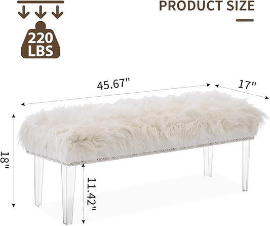 Modern White Faux Fur Ottoman Bench - Upholstered Furry Bench with Acrylic Legs for Bedroom, Living Room, Entryway, Vanity or Bed End