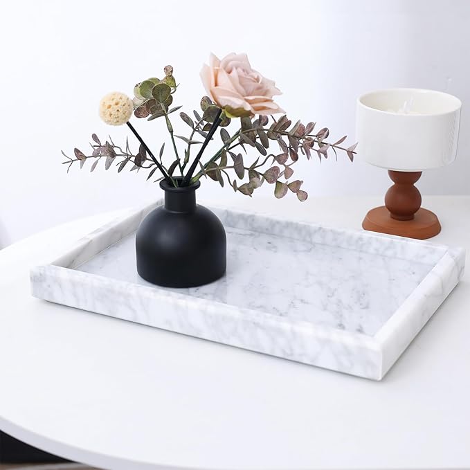 Yew & Tulip Natural Carrara White Marble Vanity Tray, Natural White Marble Serving Tray for Bathroom, Kitchen, Vanity, Home Decor, Wedding etc. (12" x 8" x 1.2")
