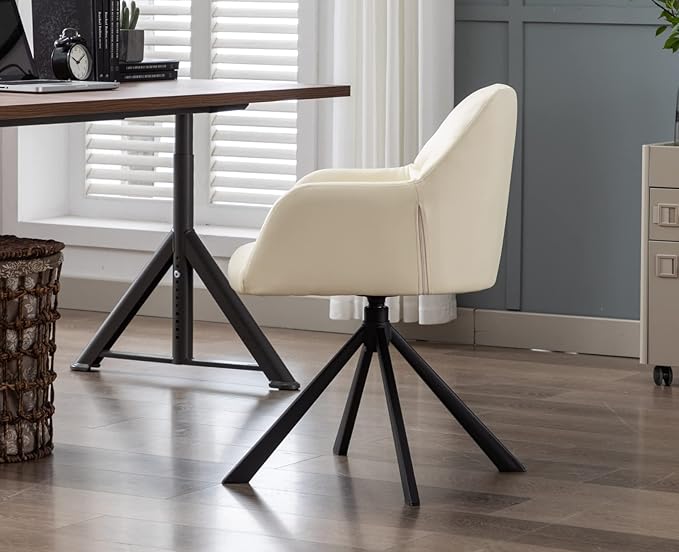 EALSON Comfy Leather Desk Chair Modern Computer Task Chair no Wheels Swivel Accent Chair with Mid Back Arm Chair for Living Room/Bedroom/Home Office, PU Beige