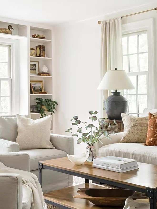 Fall Fake Eucalyptus Stems in Glass Vase with Faux Water 14" Fake Fall Plants with Artificial Eucalyptus Leaves Fall Decorations for Home Bathroom Desk Coffee Table Centerpiece Office Farmhouse Decor