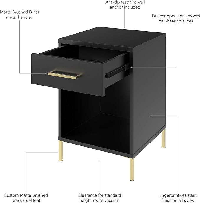 Bush Home Essence End Table with Drawer, Living Room and Bedroom Furniture, Essence Collection, Black Stipple