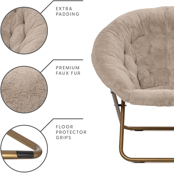 Milliard Saucer Chair For Adults, Teens & Kids, Beige, Faux Fur XL Circle Chair for Bedroom, Dorm & Gaming, Foldable Comfy Accent Seat for Small Spaces, Folding Moon / Mushroom / Round Oversized Style