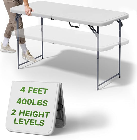 Portable 4-Foot Folding Table 2-Position Adjustable Height, 400 lbs Capacity, for Camping & Parties (1-Pack)