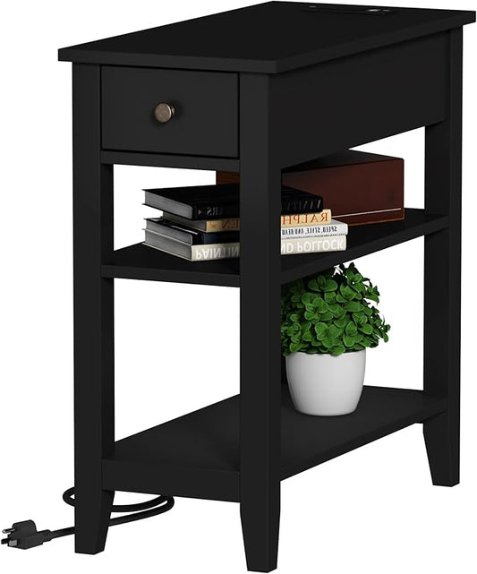 ChooChoo Narrow End Table with Charging Station, Side Table Living Room with USB Ports & Power Outlets and Hidden Drawer, 3-Tier Skinny Nightstand with 2 Open Storage Shelves for Small Place (Black)