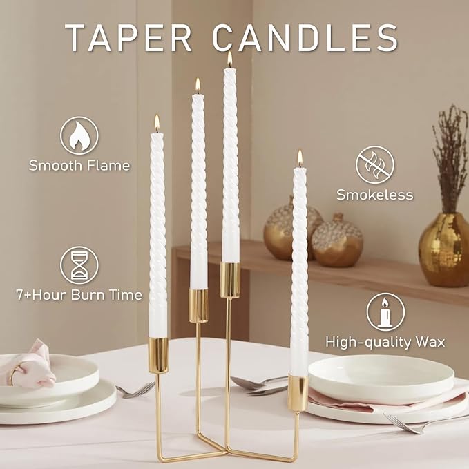 12 Pack White Spiral Taper Candles,Smooth Flame,7+Hour Burn Time,The Perfect Choice for Halloween&Multiple Purposes.