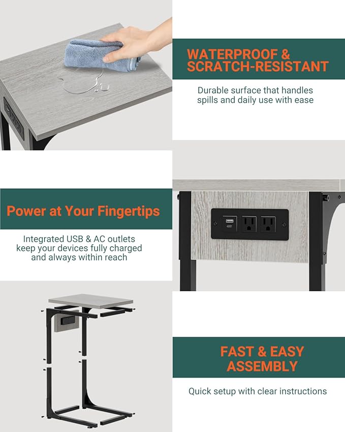 C-Shaped Side Table for Couch - Small Coffee Stand Sofa Tray Desk with Metal Frame Waterproof Scratch Resistant Wood Top and Built-in Charging Station, Greige