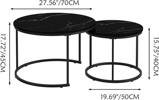 Nesting Coffee Table Set of 2, 27.56" Round Coffee Table Marble Pattern Top with Sturdy Metal Frame, Side Tables for Living Room, Bedroom, Outdoor Balcony Yard (Black)