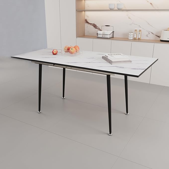 Marble Dining Table for 4-6, 47''-63'' Extendable Dining Table, Modern Kitchen Table, Space Saving Rectangular Table for Office and Dining Room (White)