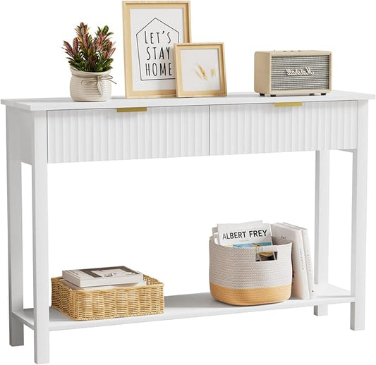 47.2" White Entryway Console Table with 2 Fluted Drawers and Gold Handles, Modern Sofa Table with Storage Shelf for Living Room and Hallway