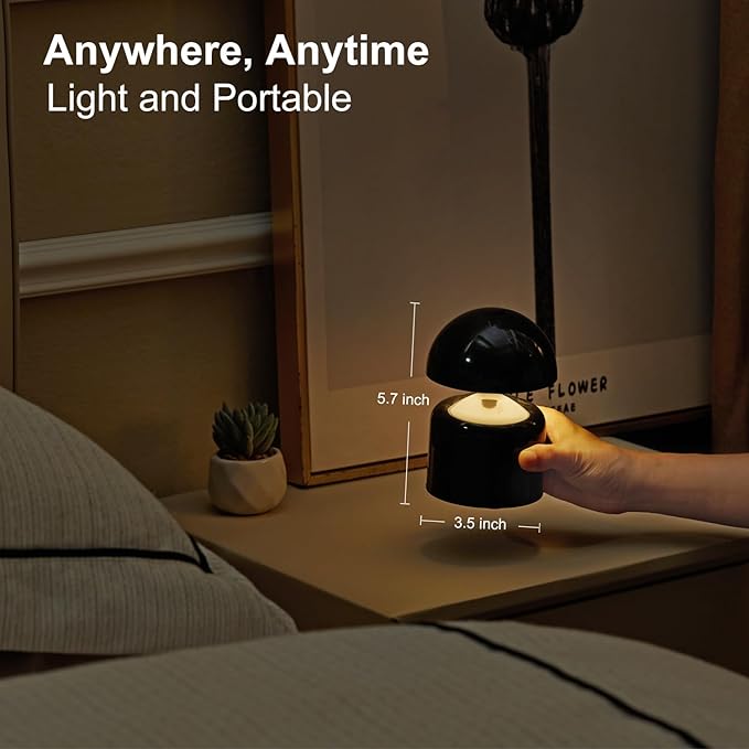 Modern Cordless Mushroom Small Table Lamp Touch LED Lamps, 3-Way Dimmable Bedside Nightstand Lamp Mini Rechargeable Night Light for Bedroom, Living Room