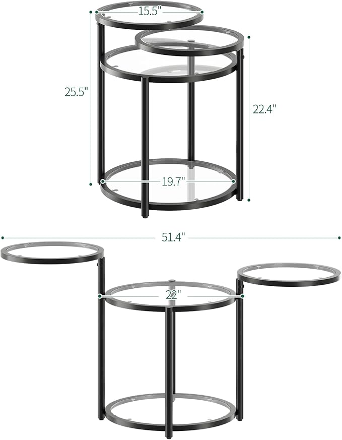 Round Glass Coffee Table - 4 Tier Coffee Tables for Living Room with Rotating Top, Circle Coffee Table with Storage, Modern Clear Center Table with Metal Frame for Small Space, Office, Black