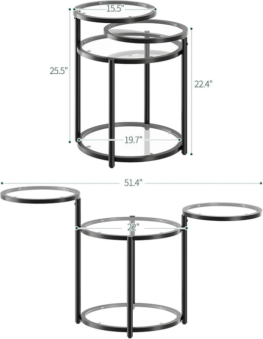 Round Glass Coffee Table - 4 Tier Coffee Tables for Living Room with Rotating Top, Circle Coffee Table with Storage, Modern Clear Center Table with Metal Frame for Small Space, Office, Black