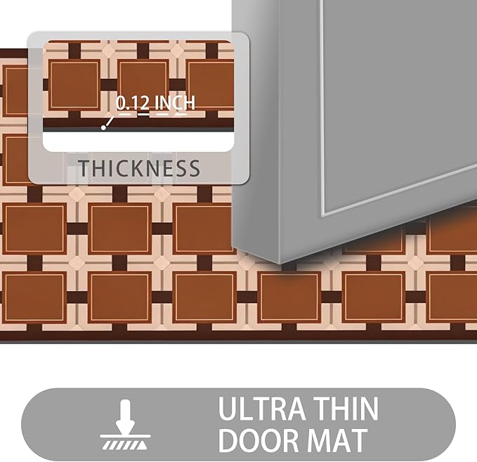Ultra Thin Door Mat Indoor Entrance, 1/10 in Thin Door Mats for Inside Entry, Non-Slip Rubber Backing Washable Doormat, Fade Resistant, Absorbent, Low Profile Dirt Trapper, 30"X17",Orange Checkered