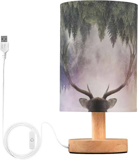 Table Lamp Antler Deer Nightstand Lamp with Wood Base Fabric Lamp Shade Bedside Desk Lamp for Living Room Bedroom Kids Room Office