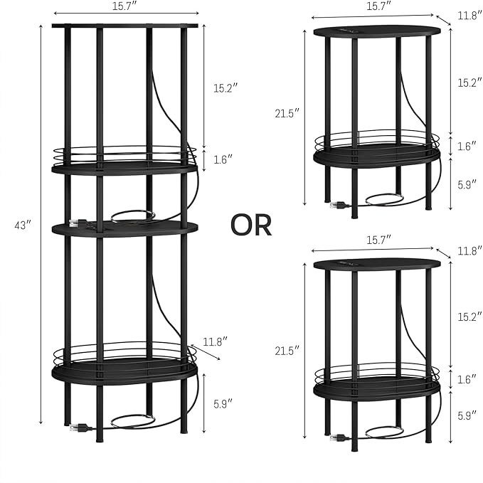 Small Round Side Table with Charging Station,Bedside Table with 2 USB Ports and Outlets, Morden Round Nightstand, Samll Side Table for Living Room,Bedroom, Nursery, Laundry, Black