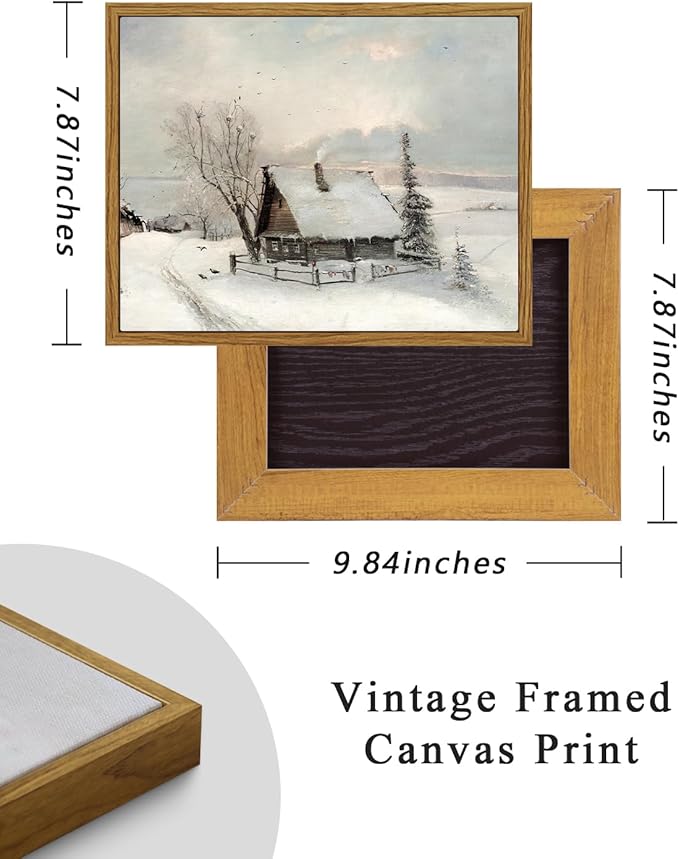ARPEOTCY Vintage Cottage Framed Canvas Wall Art Prints, 8x10in, Winter Snow Antique Farmhouse Art Room Decor, Christmas Gifts, Rustic Winter Oil Paintings for Living Room Bedroom Bathroom