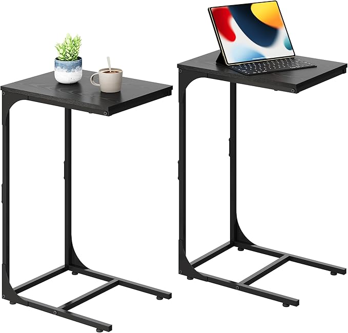 WLIVE C-Shaped End Table Set of 2, Small Couch Side Tables with Metal Frame, Sofa Table TV Tray for Living Room, Bedroom, Black