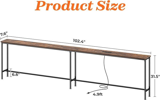 SUPERJARE 102.4 Inch Sofa Table with Power Outlets and USB-C Port, 5.9 Inch Narrow Console Tables, Entryway Hallway Couch Tables with Storage, Behind Sofa, Small Spaces, Living Room, Rusitc Brown
