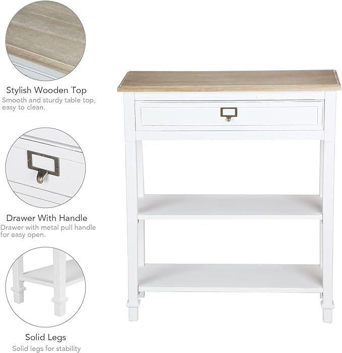 Console Sofa Table with Drawers, 3-Tier Farmhouse Entryway End Table with Open Storage Shelves, Accent Side Table for Hallway Living Room, Wooden Top, Handcrafted Finish (White)