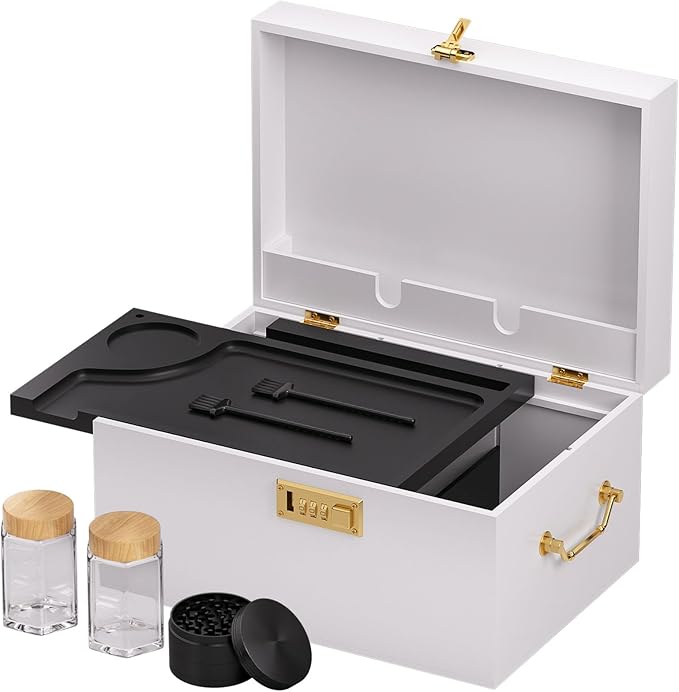 Lockable stash box with rolling tray – Premium bamboo box organizer with grinder, jars & brushes | Stylish wooden stash boxs, spacious Storage Box, great large stash box for home,Holiday Gift