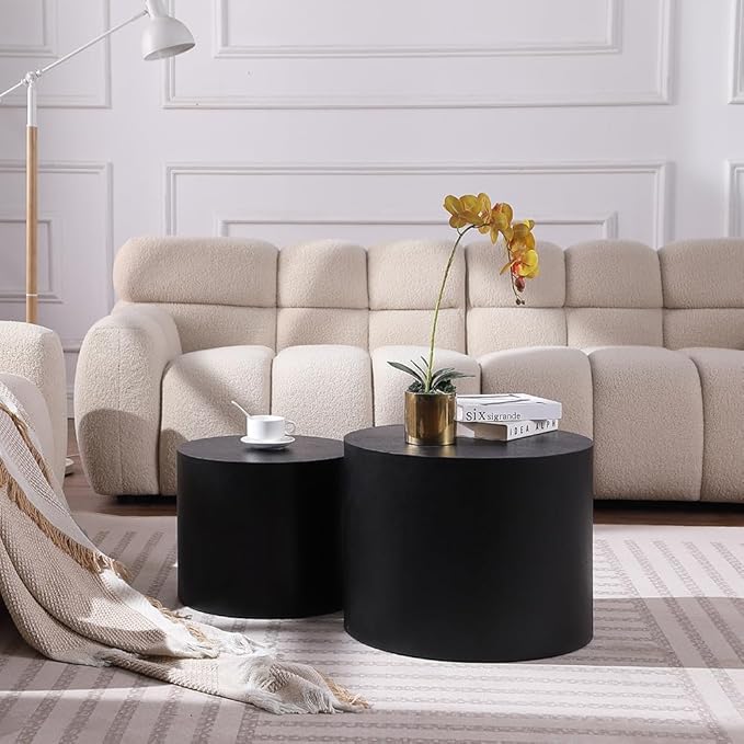 KEVINSPACE Coffee Table Nesting Tables Set of 2, Small Modern Round Coffee Table with Non-Slip Feet, Wooden Circle Accent Tables for Small Spaces Living Room Bedroom Balcony Drum Side Table Black