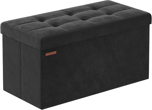 SONGMICS Mazie Collection - Storage Ottoman Bench, Foldable Foot Rest, 15 x 30 x 15 Inches, End of Bed Bench, Storage Chest, Load 660 lb, Living Room, Bedroom, Entryway, Ink Black ULSF247B01
