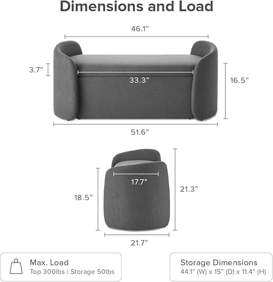 mopio Sophie 51" Ottoman Storage Bench, Entryway and Window Seating, End of Bed Curved Stool for King & Queen Bed, Storage Chest for Bedroom (Dark Gray Fabric)