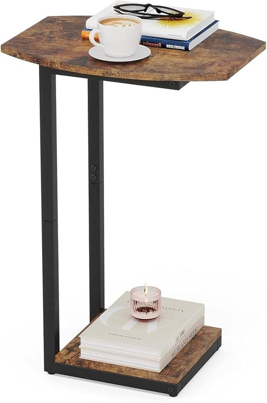 Hosfais Small Side Table End Table, C Shaped Barrel Coffee Table with Metal Frame, Wooden TV Tray for Living Room, Bedroom, Couch, Small Spaces (Rustic Brown)