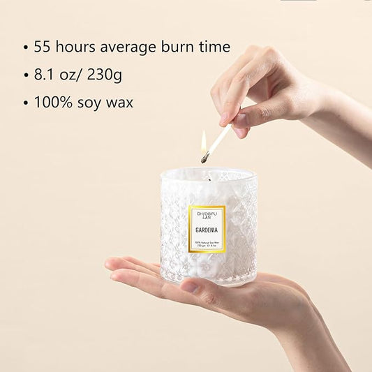Chloefu LAN Gardenia Scented Candles for Home, Natural Soy Candle Gifts for Home Decor, Birthday Candless Gift for Women, Holiday Gifts, 8.1oz 55 Hours Burn