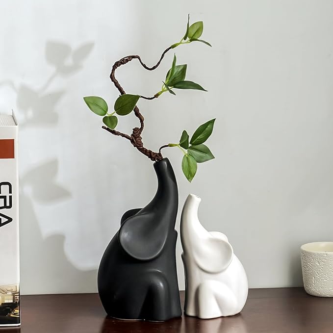 Loving Pair of Elephants,with Flower,Modern Ceramic Decor Statue,Good Luck Elephant,for Bookshelf Living Room Office Table Shelf Decorations.Gifts for Lover, Wife, Mother.