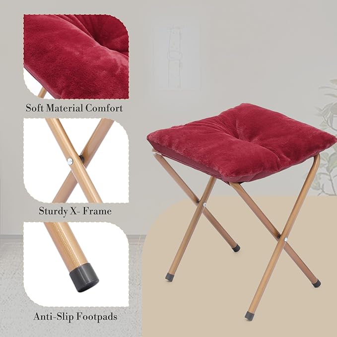 Athena Collection Saucer Chair with Ottoman Comfy Chair for Bed Room Living Room Folding Round Cozy Chair Faux Fur Metal Frame Foldable Lazy Chair Accent Chair Reading Chair, Red, Burgundy