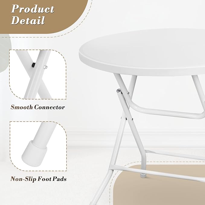 Athena Collection 2.6ft Plastic Folding Dining Table, Portable Round Card Table with Steel Legs for Indoor Outdoor, Foldable Heavy Duty for Camping Party, White