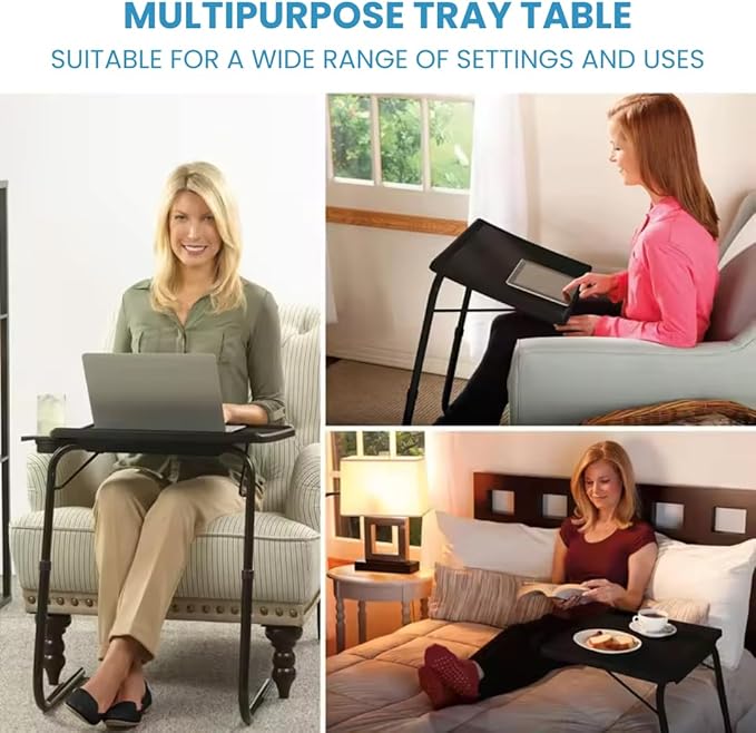 Adjustable TV Tray Table with 6 Heights & 3 Tilt Angle Adjustments - Folding Table with Cup Holder for Bed, Kitchen Sofa & Hospital Use