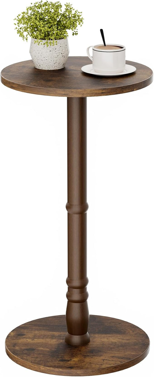 Round Side Table, Solid Wood Pillar with Wood Top & Base, Small Drink Accent Table for Living Room, Bedroom, Sofa & Office, Easy Assembly, Rustic Brown